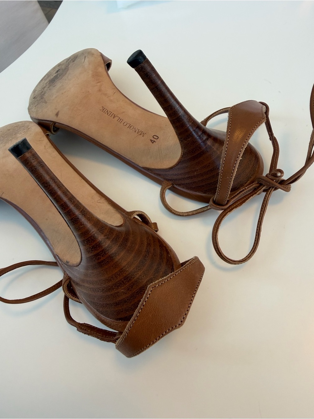 Vintage brown leather Manolo Blahnik lace up sandals heels 40 - Picture 5 of 5